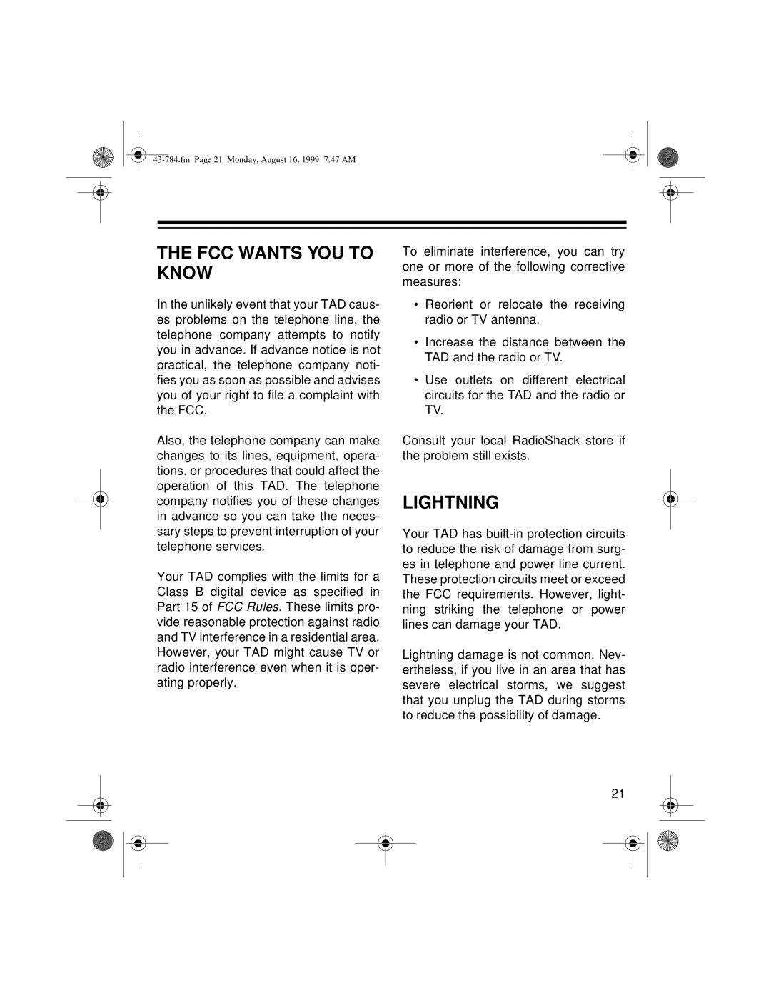 Radio Shack TAD-1024 owner manual FCC Wants YOU to Know, Lightning 