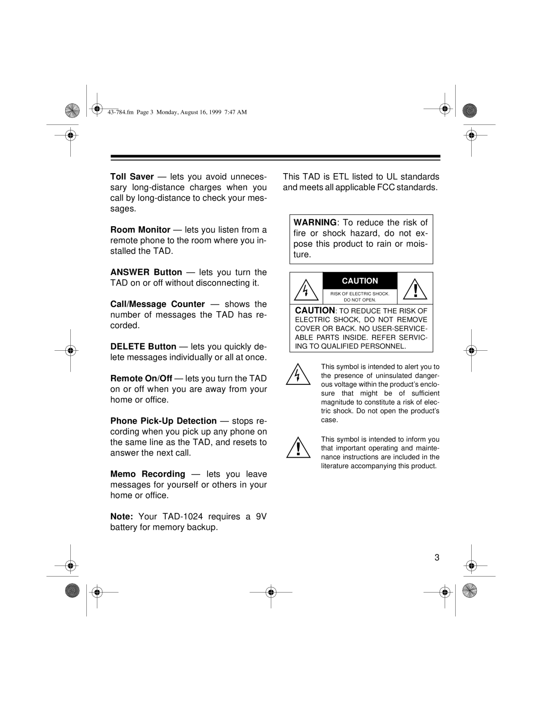 Radio Shack TAD-1024 owner manual Fm Page 3 Monday, August 16, 1999 747 AM 