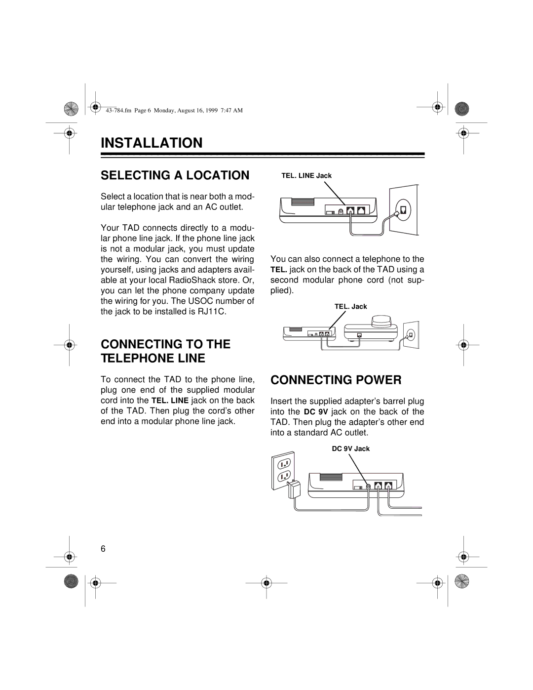 Radio Shack TAD-1024 owner manual Installation, Selecting a Location, Connecting Power 