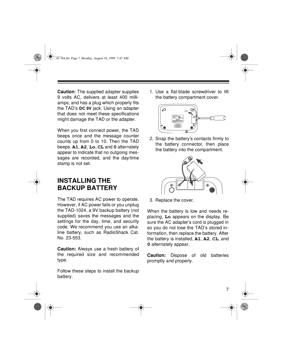 Radio Shack TAD-1024 owner manual Installing Backup Battery 