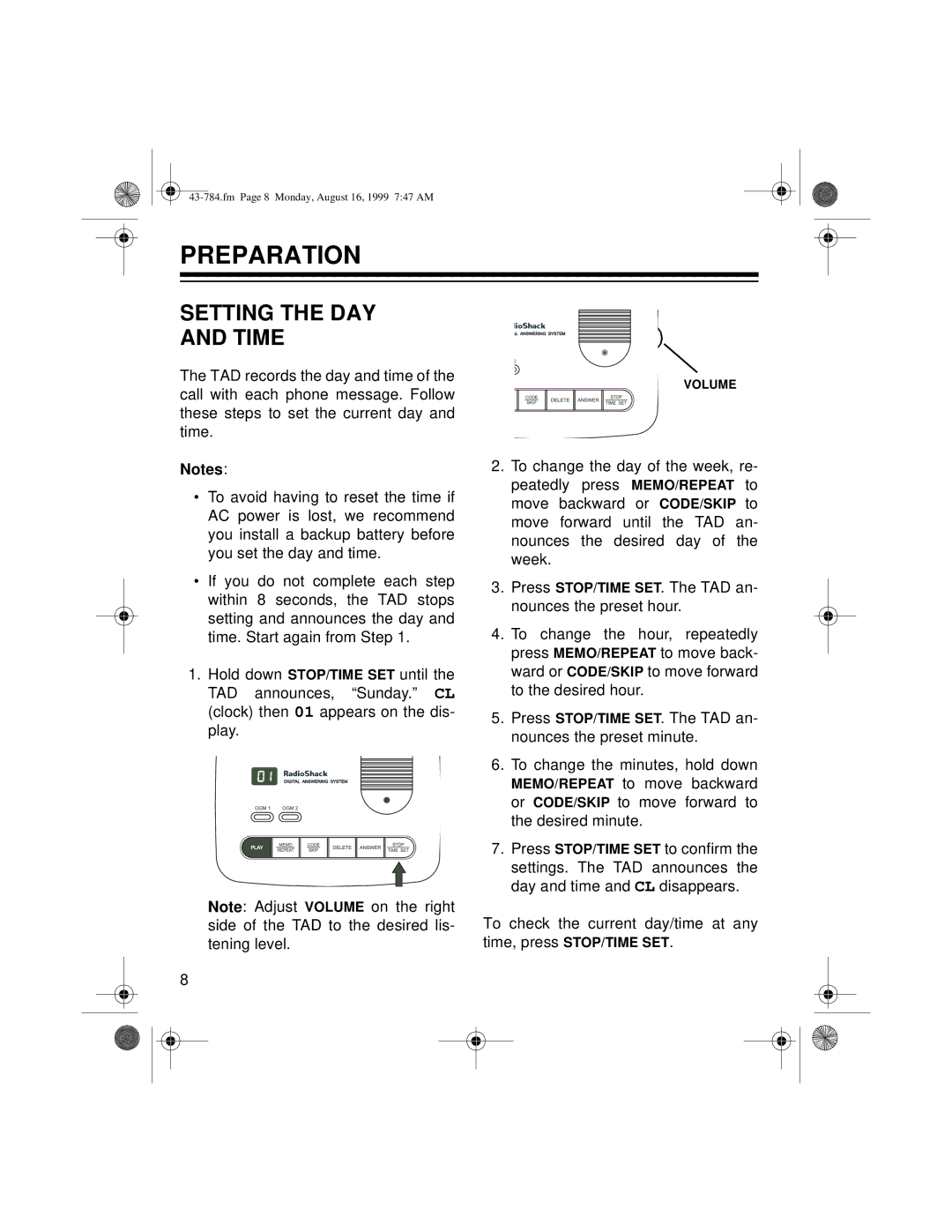 Radio Shack TAD-1024 owner manual Preparation, Setting the DAY Time 