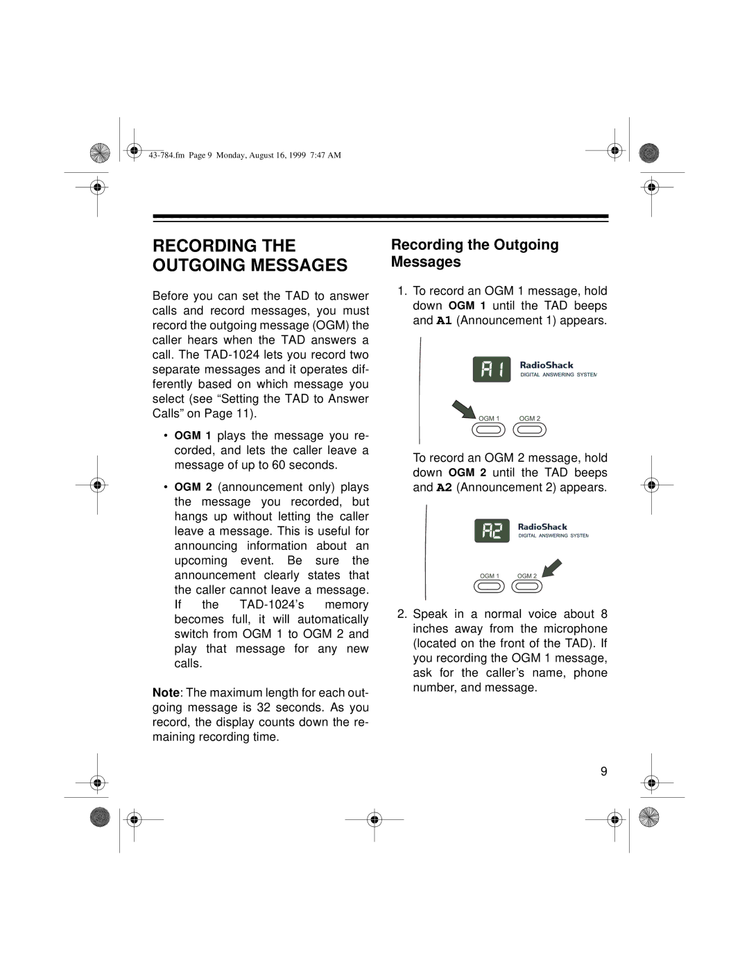 Radio Shack TAD-1024 owner manual Recording the Outgoing Messages 