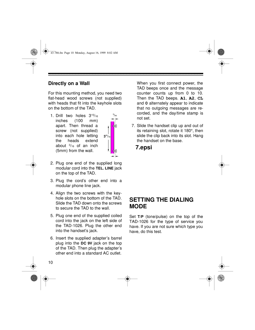 Radio Shack TAD-1026 owner manual Setting the Dialing Mode, Directly on a Wall 