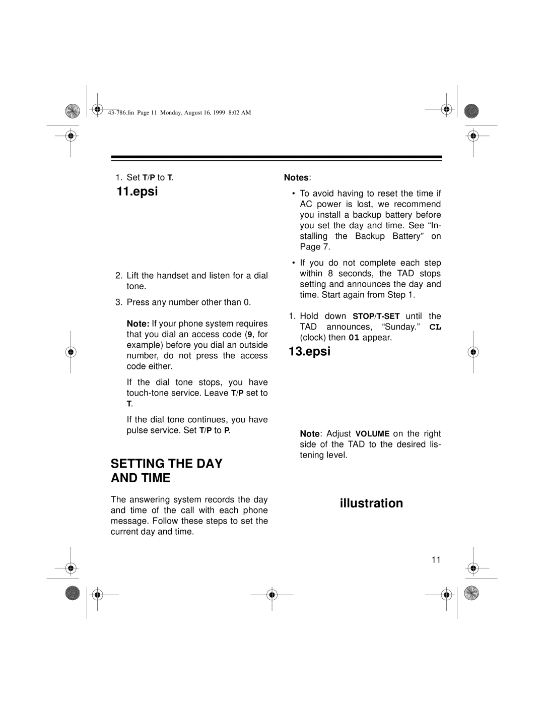 Radio Shack TAD-1026 owner manual Setting the DAY Time, Epsi Illustration 