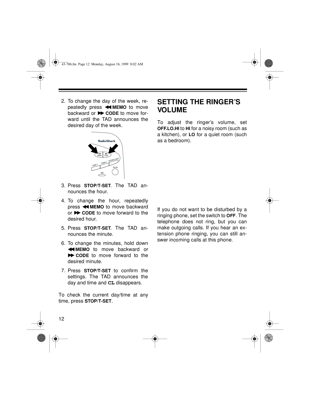 Radio Shack TAD-1026 owner manual Setting the RINGER’S Volume 