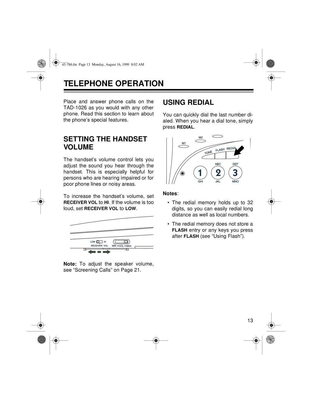 Radio Shack TAD-1026 owner manual Telephone Operation, Using Redial, Setting the Handset Volume 