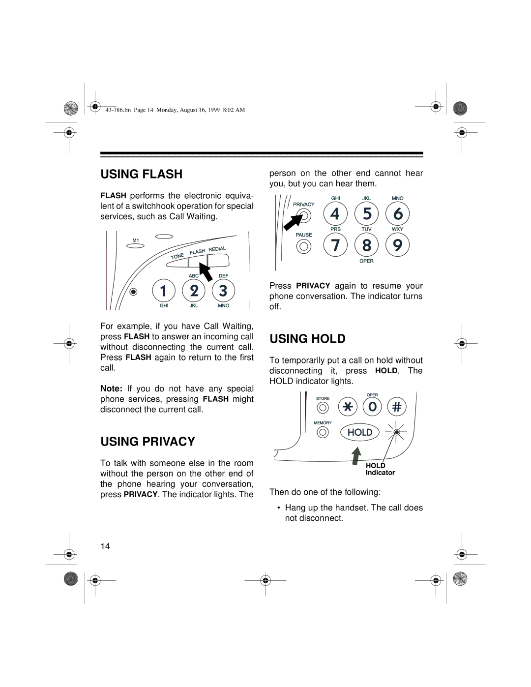 Radio Shack TAD-1026 owner manual Using Flash, Using Privacy, Using Hold 