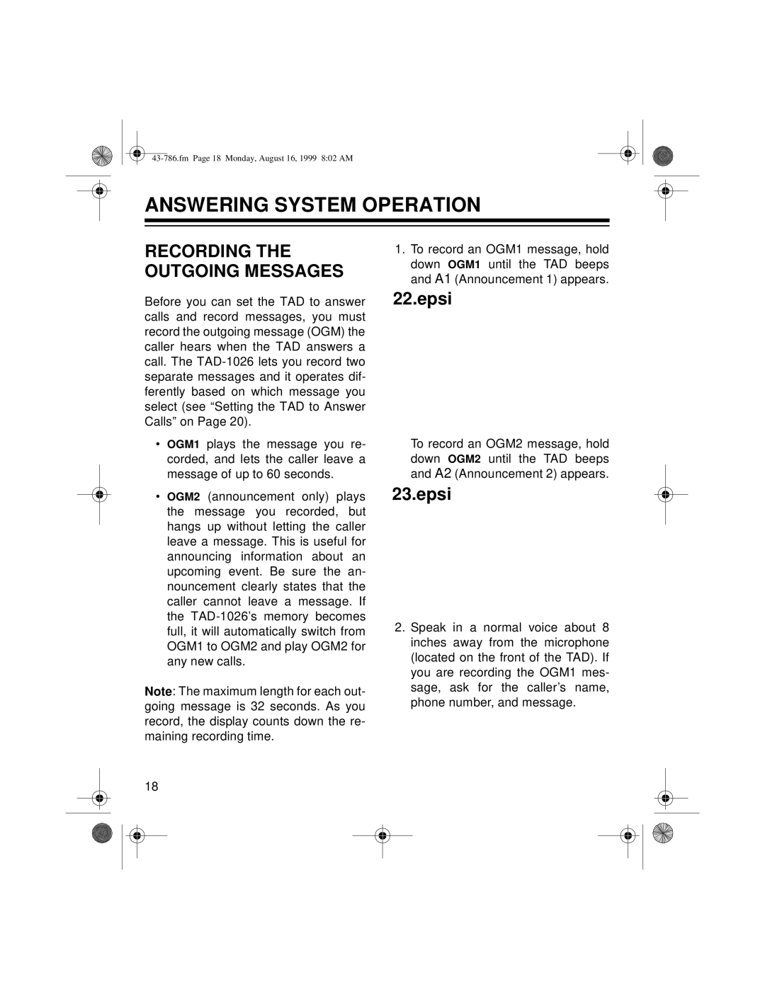 Radio Shack TAD-1026 owner manual Answering System Operation, Recording the Outgoing Messages 