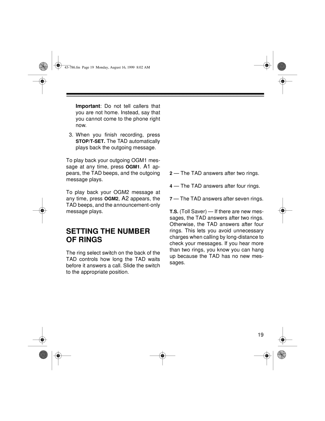 Radio Shack TAD-1026 owner manual Setting the Number of Rings 