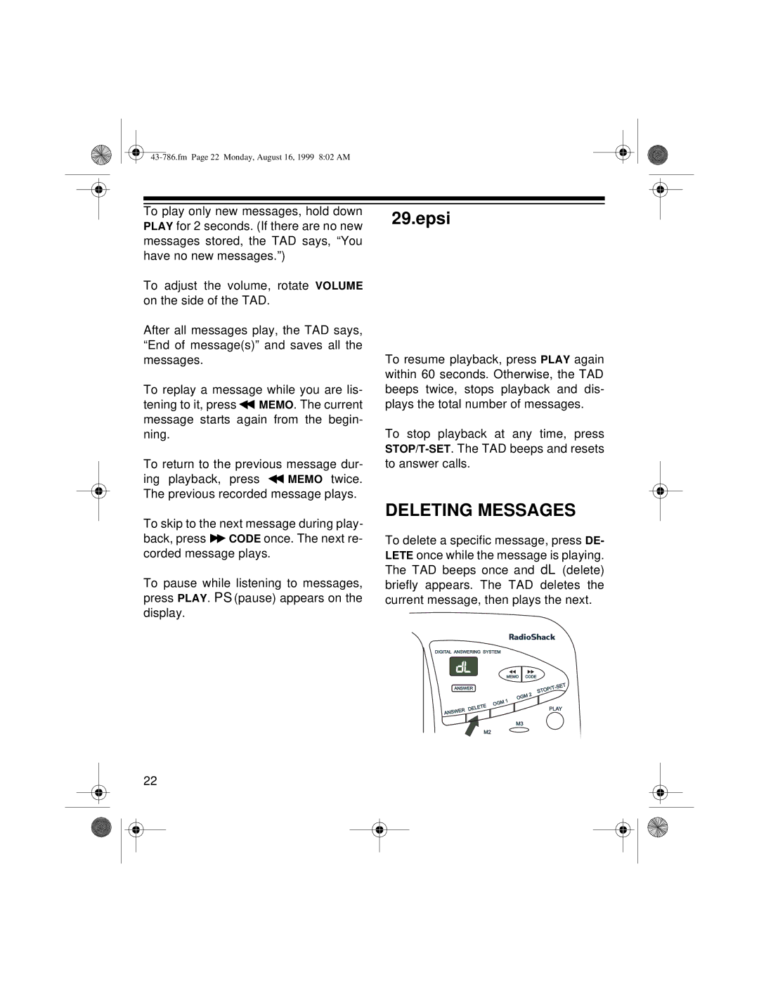 Radio Shack TAD-1026 owner manual Deleting Messages 