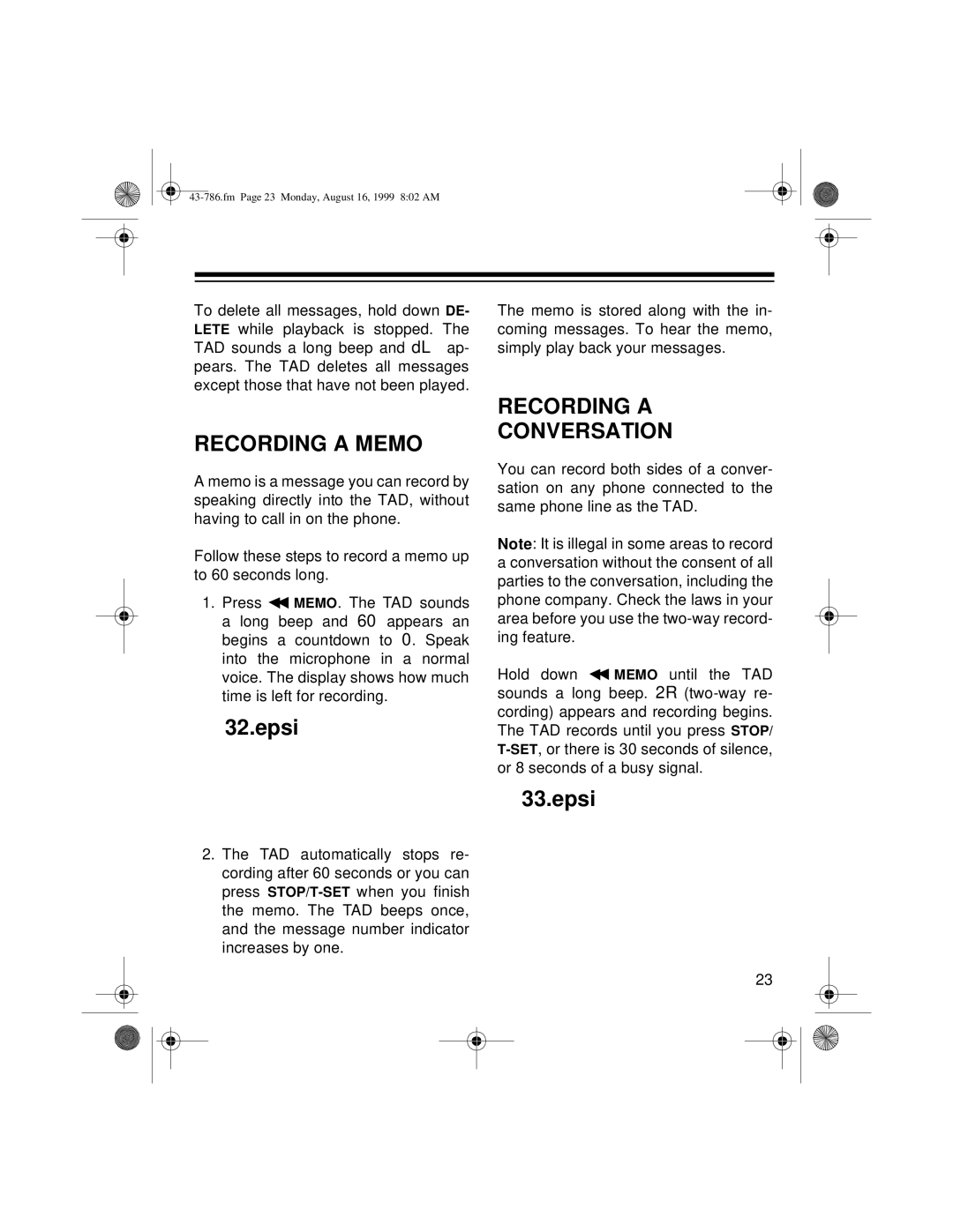 Radio Shack TAD-1026 owner manual Recording a Memo, Recording a Conversation 