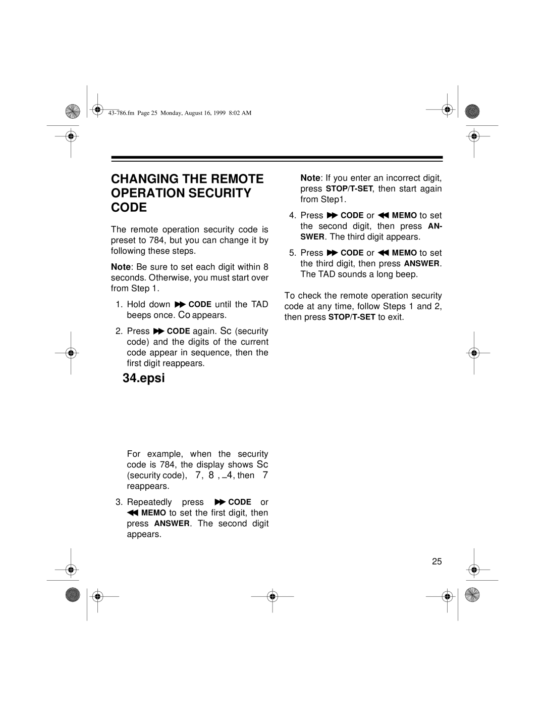 Radio Shack TAD-1026 owner manual Changing the Remote Operation Security Code 