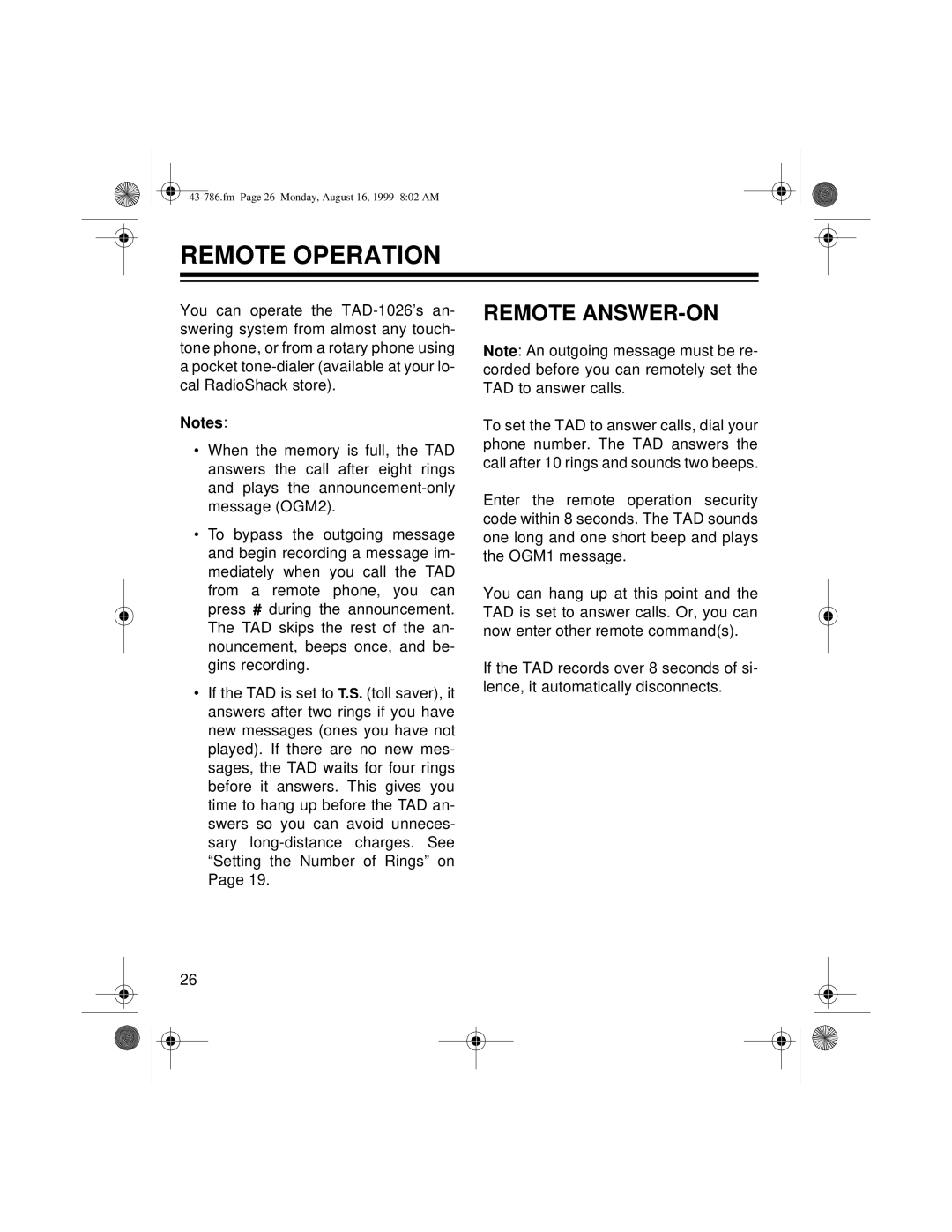 Radio Shack TAD-1026 owner manual Remote Operation, Remote ANSWER-ON 