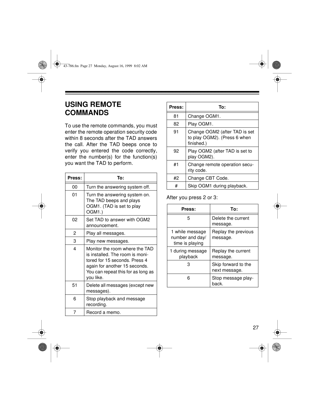 Radio Shack TAD-1026 owner manual Using Remote Commands, Press 