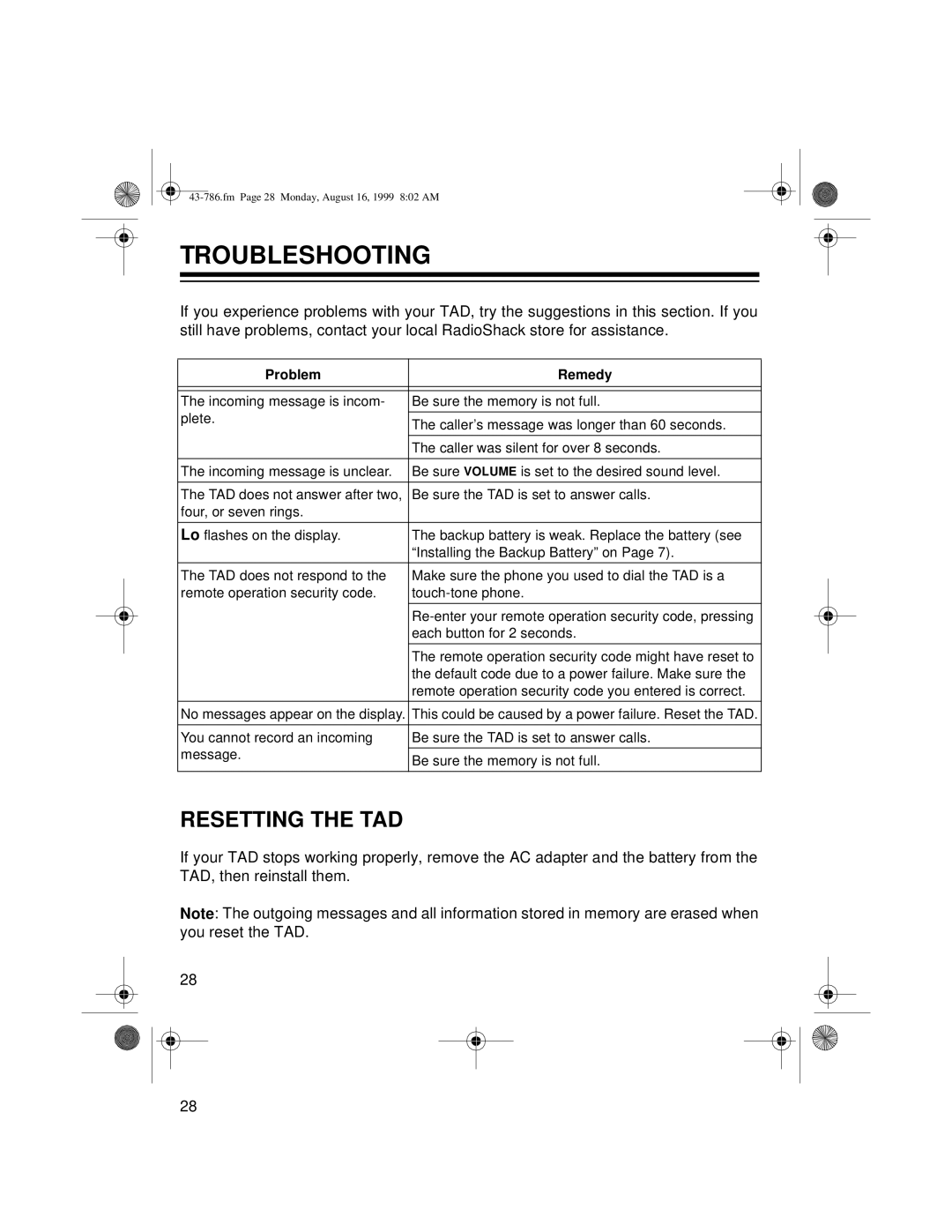 Radio Shack TAD-1026 owner manual Troubleshooting, Resetting the TAD 