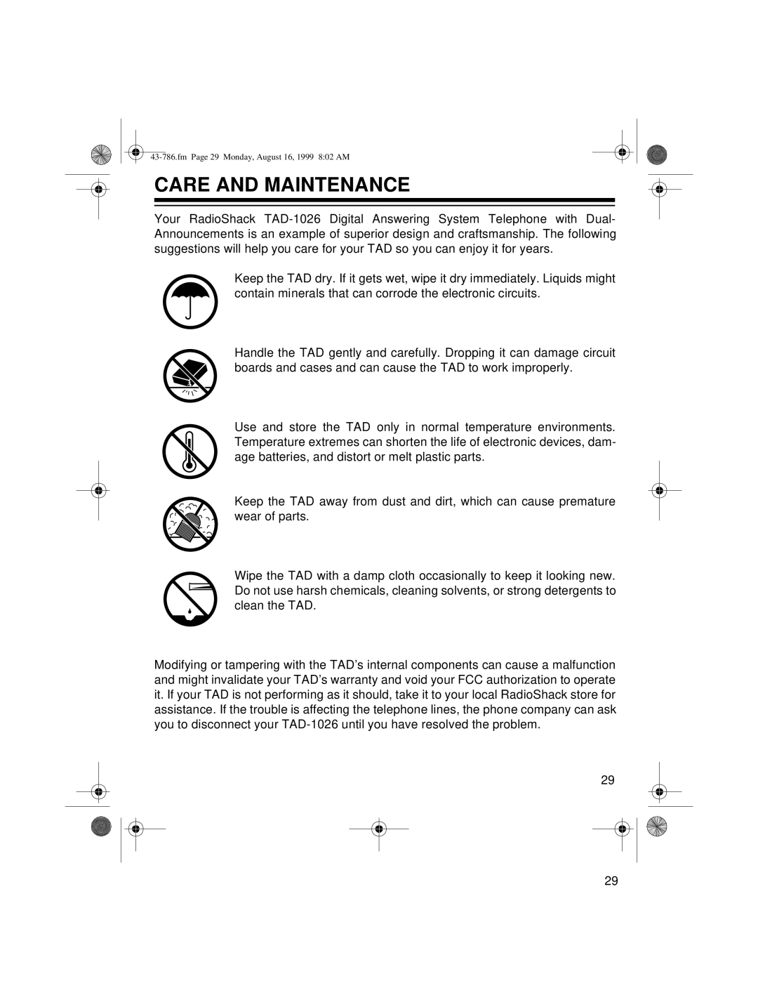 Radio Shack TAD-1026 owner manual Care and Maintenance 