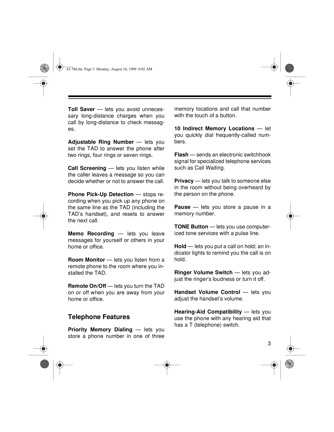 Radio Shack TAD-1026 owner manual Telephone Features 