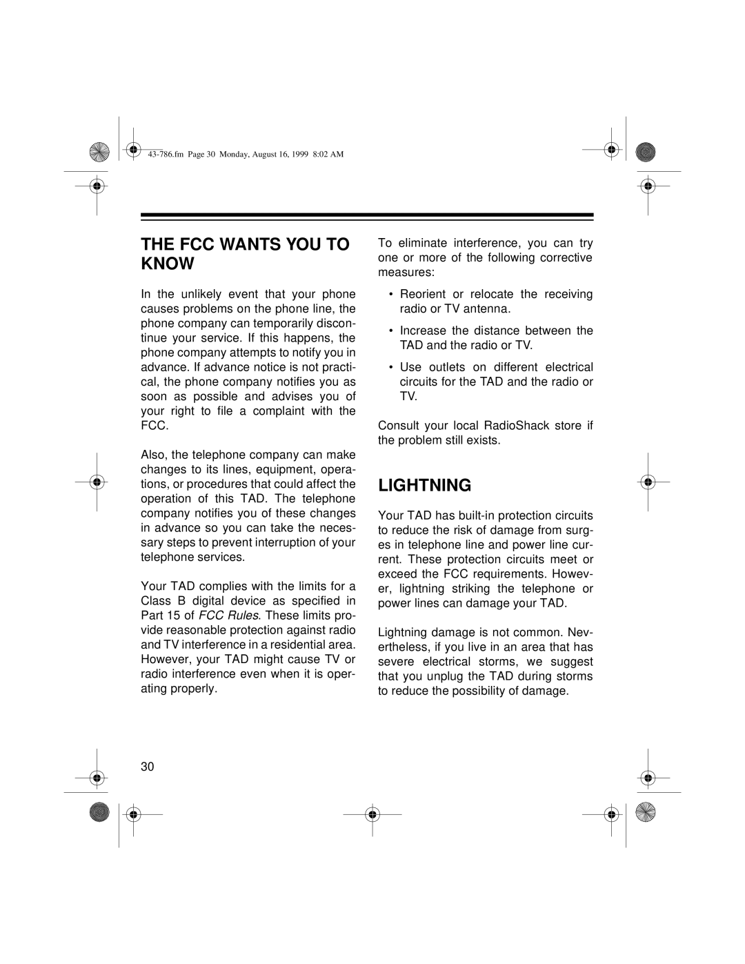 Radio Shack TAD-1026 owner manual FCC Wants YOU to Know, Lightning 