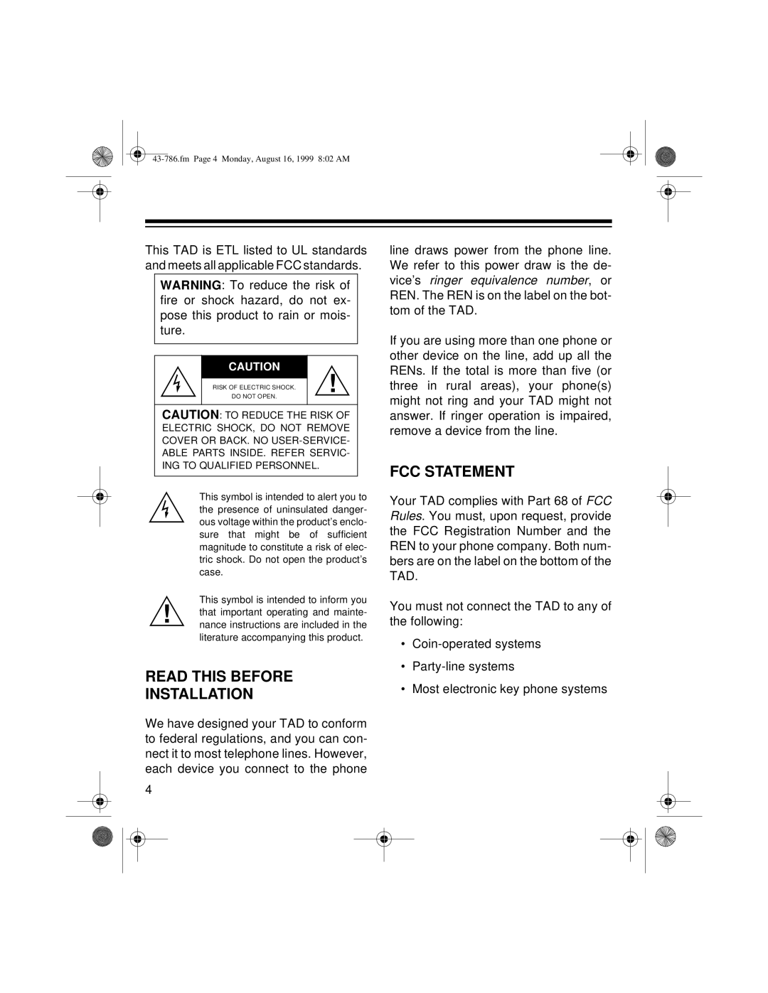 Radio Shack TAD-1026 owner manual Read this Before Installation 