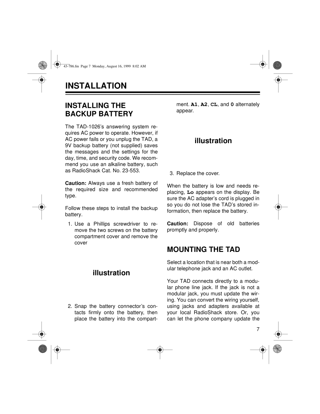 Radio Shack TAD-1026 owner manual Installation, Installing Backup Battery, Mounting the TAD 