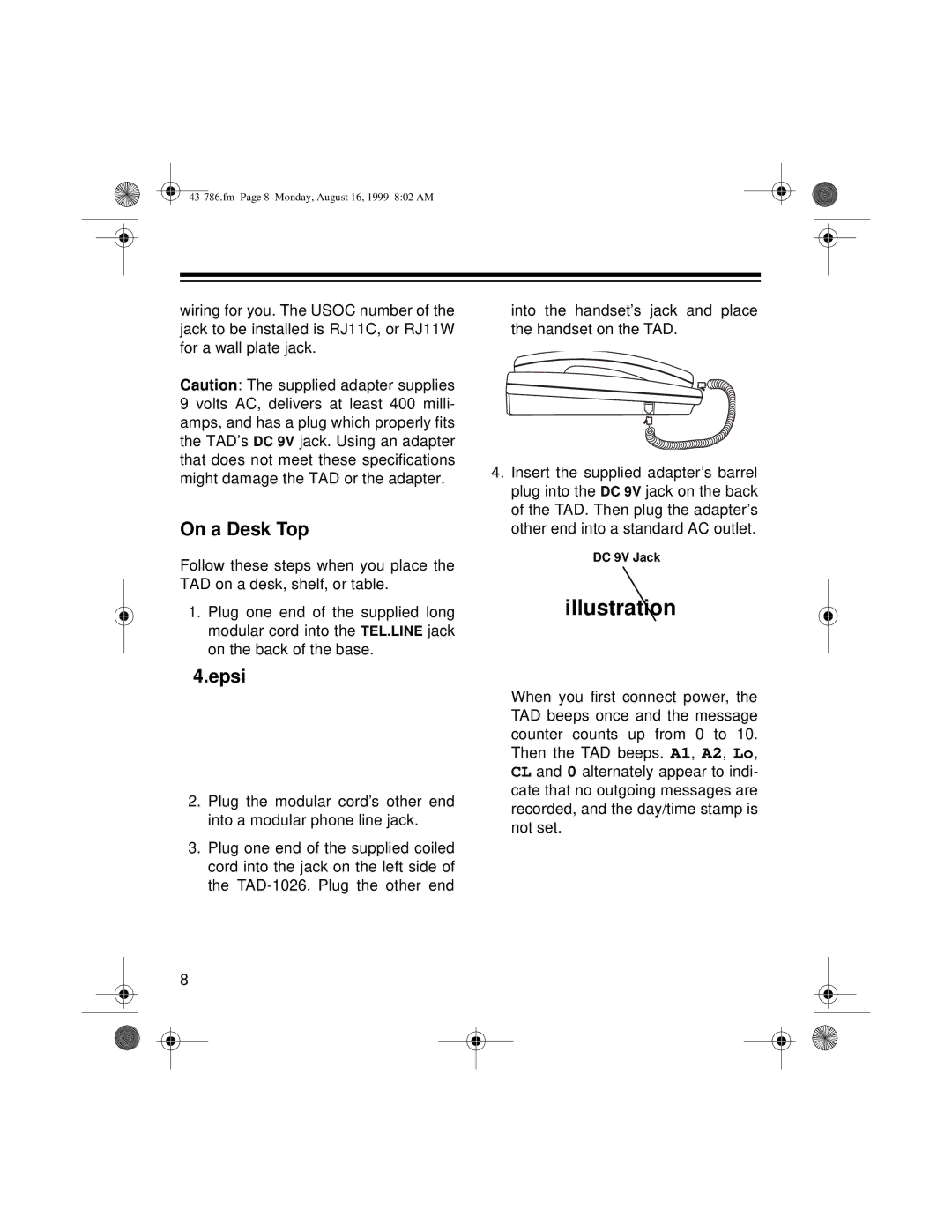 Radio Shack TAD-1026 owner manual On a Desk Top, Epsi 