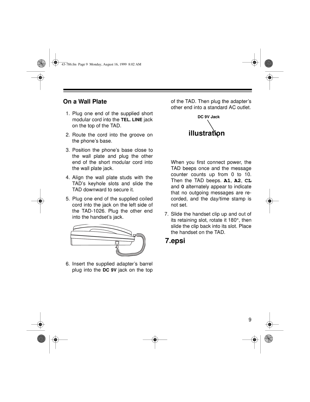 Radio Shack TAD-1026 owner manual Epsi, On a Wall Plate 