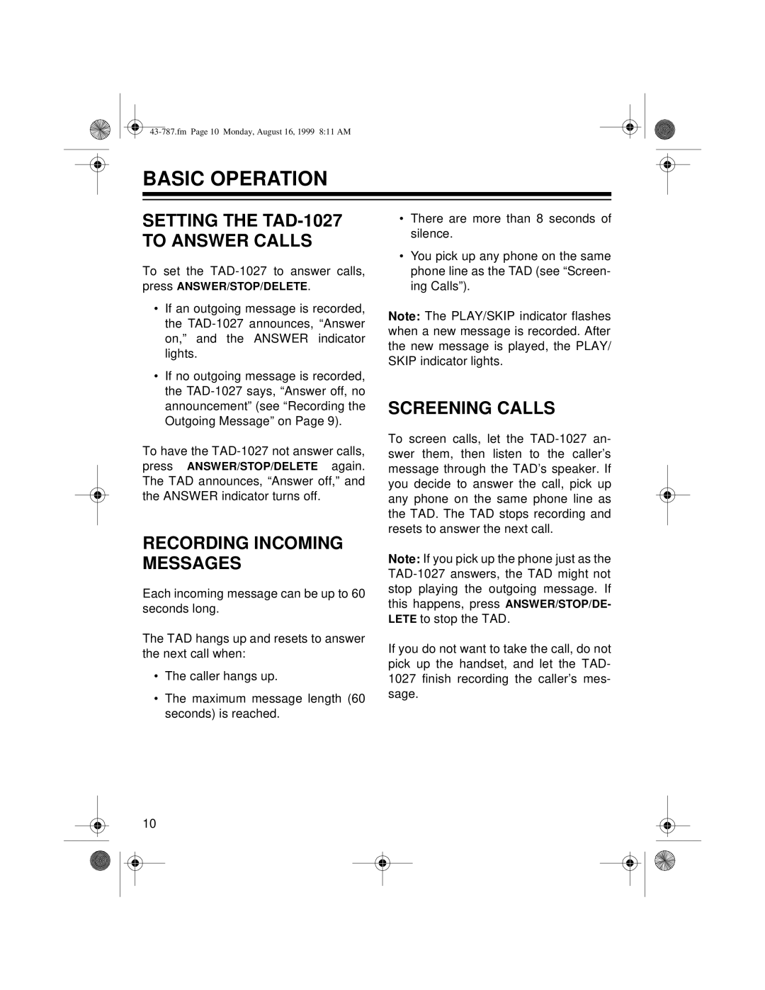 Radio Shack Basic Operation, Setting the TAD-1027 To Answer Calls, Screening Calls, Recording Incoming Messages 