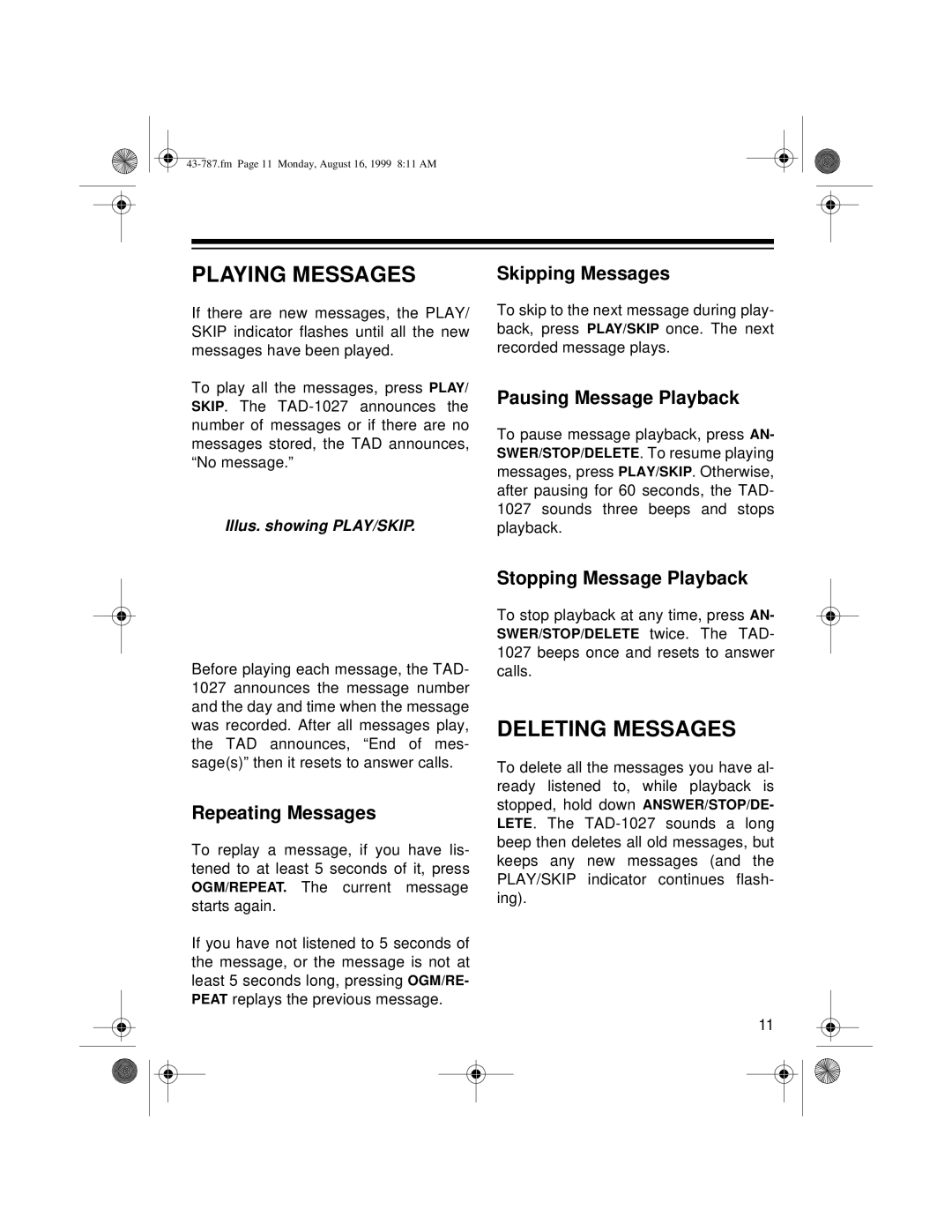 Radio Shack TAD-1027 owner manual Playing Messages, Deleting Messages, Illus. showing PLAY/SKIP 