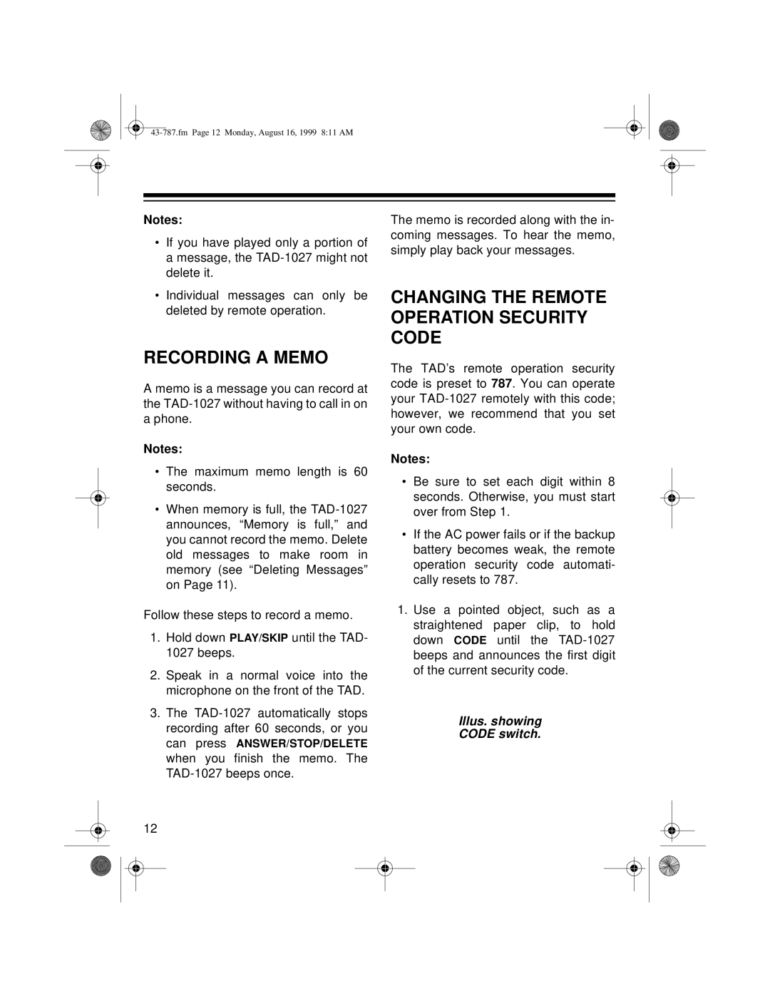 Radio Shack TAD-1027 owner manual Recording a Memo, Changing the Remote Operation Security Code, Illus. showing Code switch 