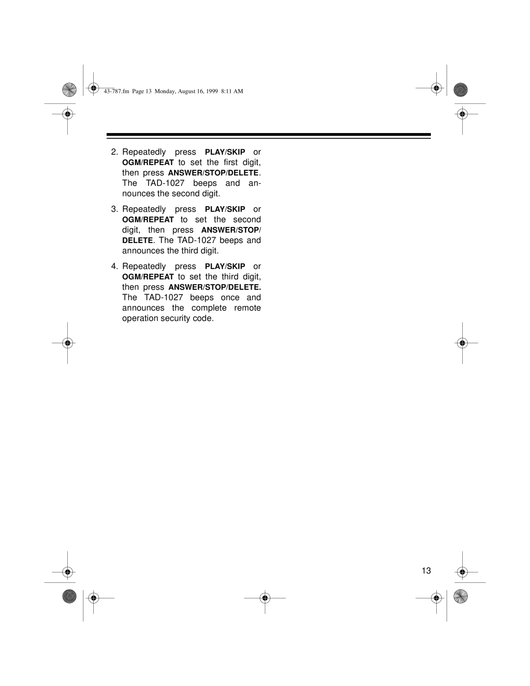 Radio Shack TAD-1027 owner manual Fm Page 13 Monday, August 16, 1999 811 AM 