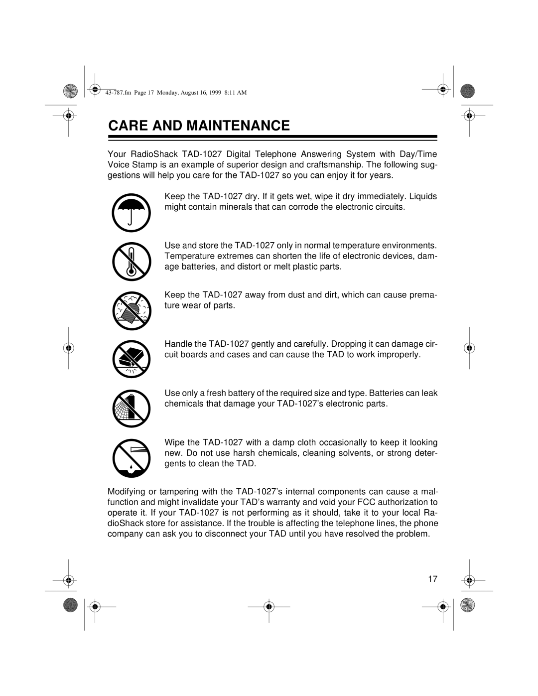 Radio Shack TAD-1027 owner manual Care and Maintenance 