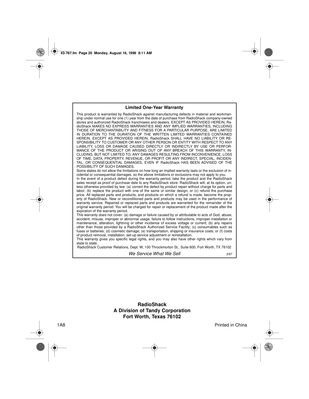 Radio Shack TAD-1027 owner manual RadioShack Division of Tandy Corporation Fort Worth, Texas 