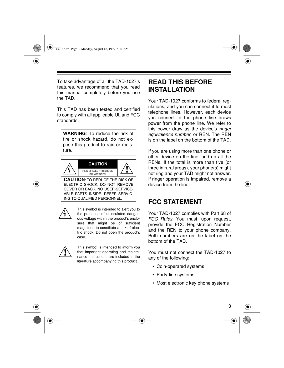 Radio Shack TAD-1027 owner manual Read this Before Installation, FCC Statement 