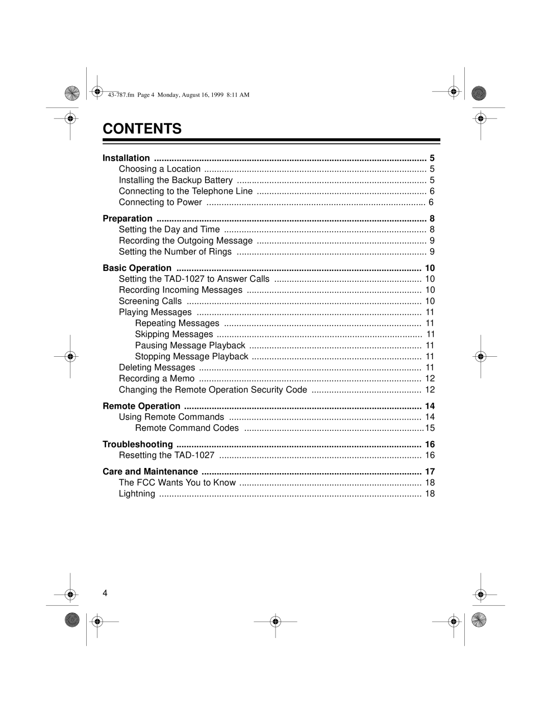 Radio Shack TAD-1027 owner manual Contents 