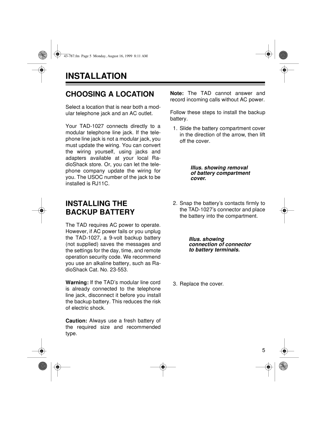 Radio Shack TAD-1027 owner manual Installation, Choosing a Location, Installing Backup Battery 