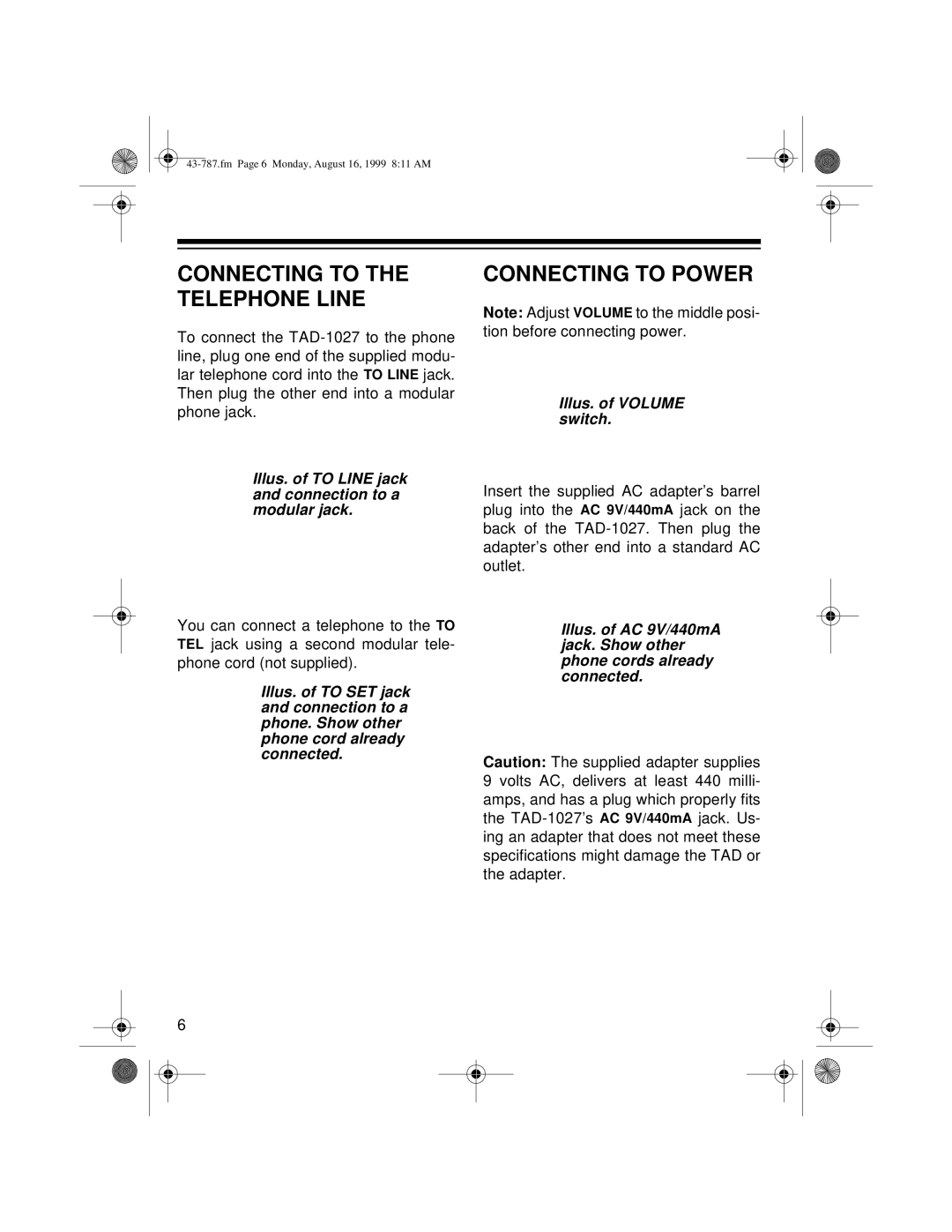 Radio Shack TAD-1027 Connecting to Power, Illus. of to Line jack and connection to a modular jack, Illus. of Volume switch 