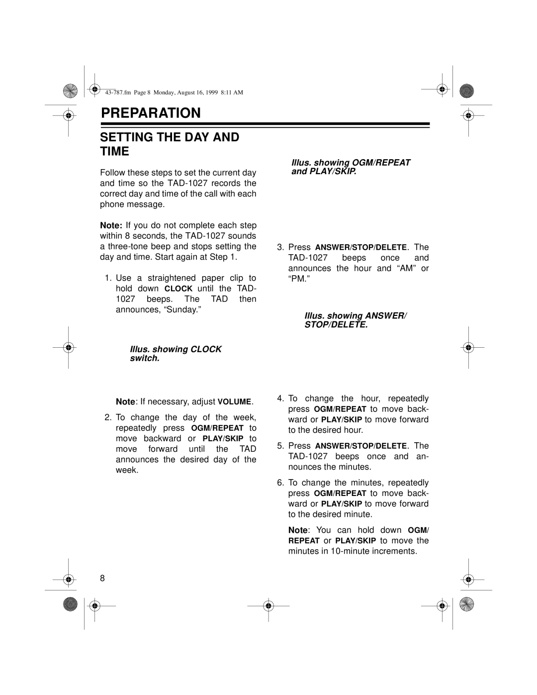 Radio Shack TAD-1027 owner manual Preparation, Setting the DAY and Time, Illus. showing Answer 