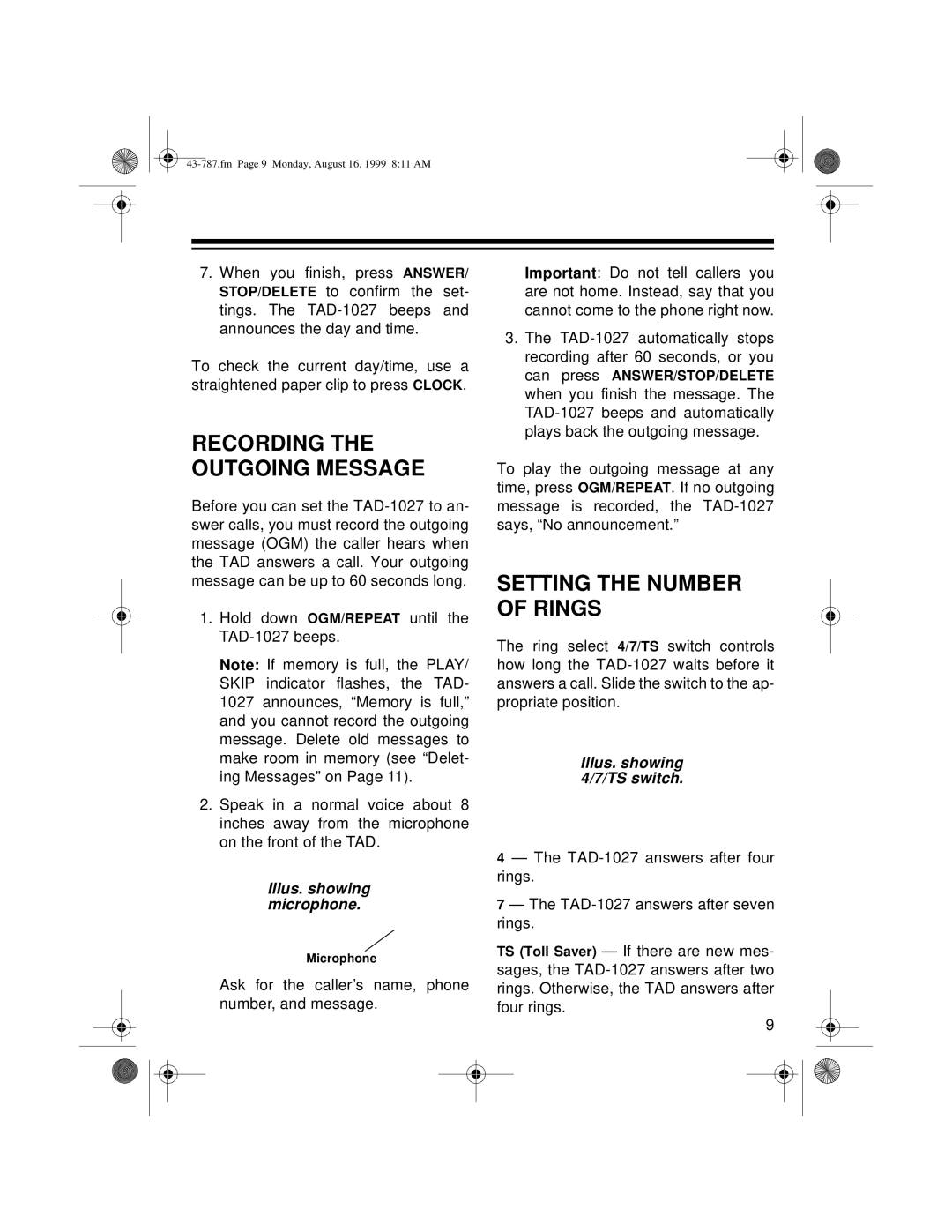 Radio Shack TAD-1027 owner manual Setting the Number of Rings, Illus. showing microphone, Illus. showing 4/7/TS switch 