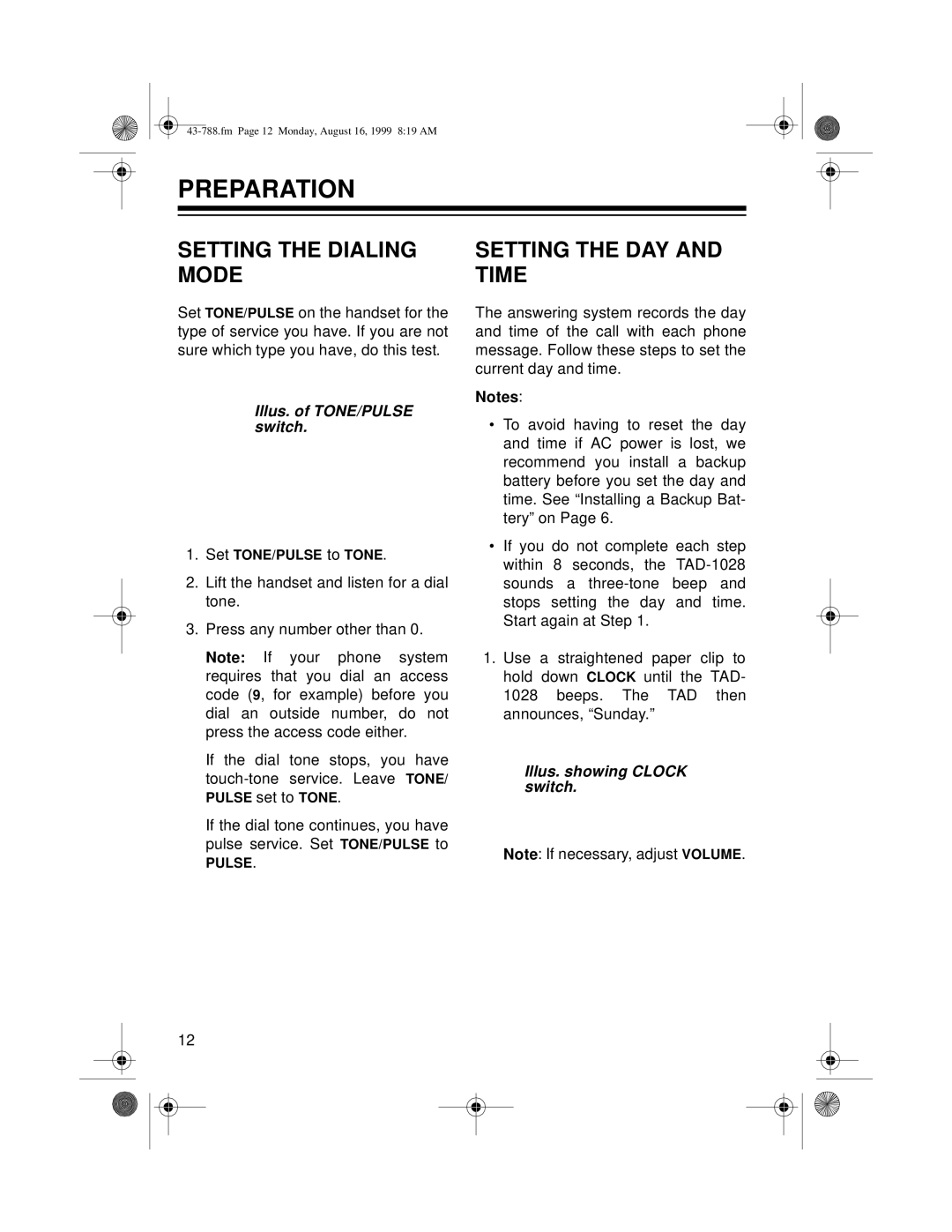 Radio Shack TAD-1028 Preparation, Setting the Dialing Mode, Setting the DAY and Time, Illus. of TONE/PULSE switch 