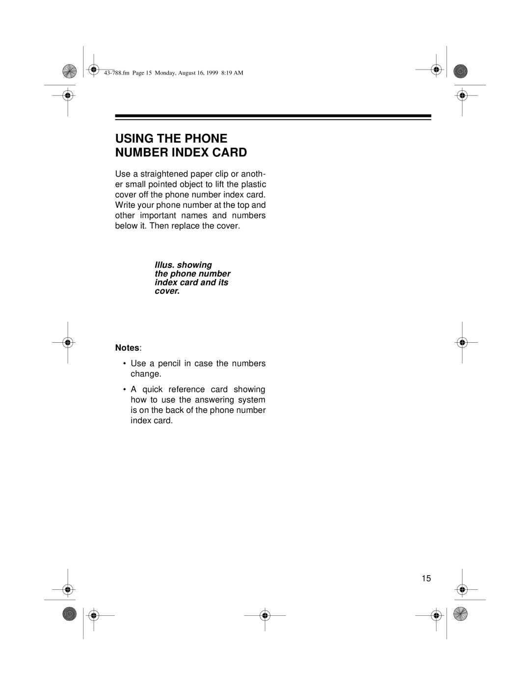 Radio Shack TAD-1028 owner manual Using the Phone Number Index Card, Illus. showing Phone number index card and its cover 