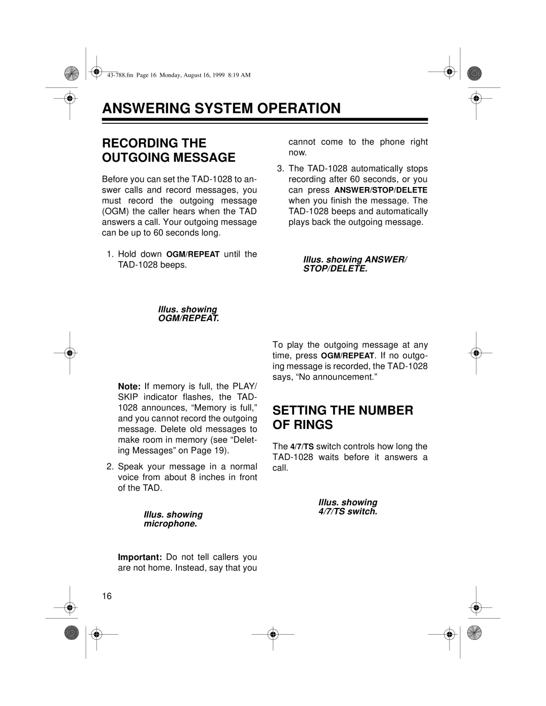 Radio Shack TAD-1028 owner manual Answering System Operation, Setting the Number of Rings 