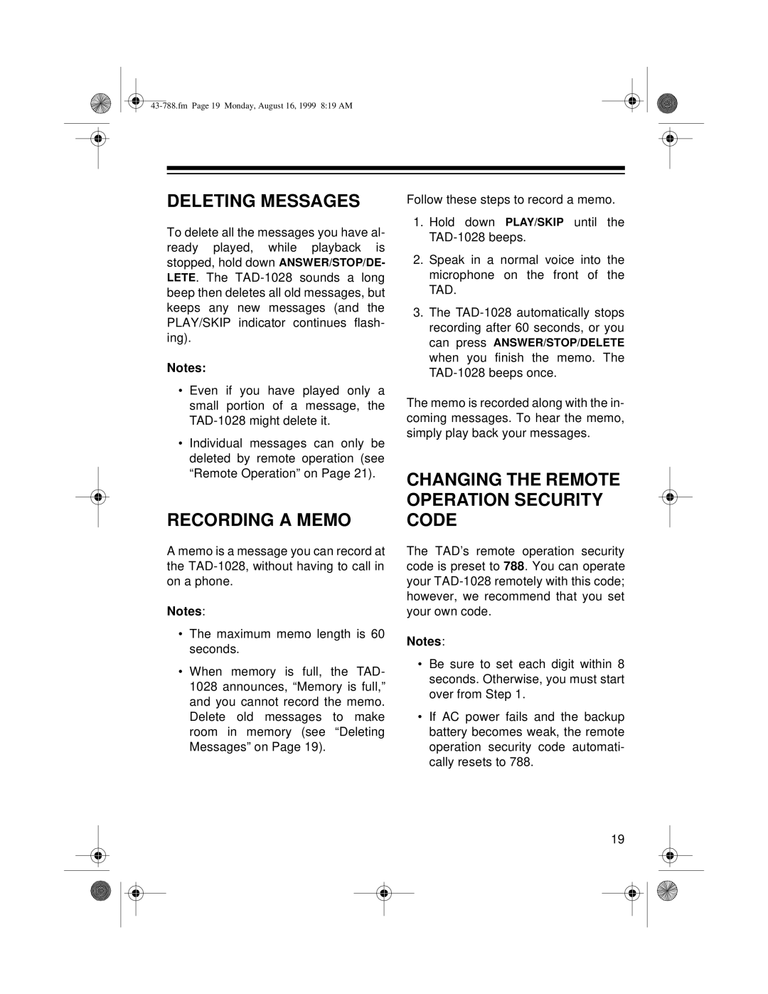 Radio Shack TAD-1028 owner manual Deleting Messages, Recording a Memo, Changing the Remote Operation Security Code 