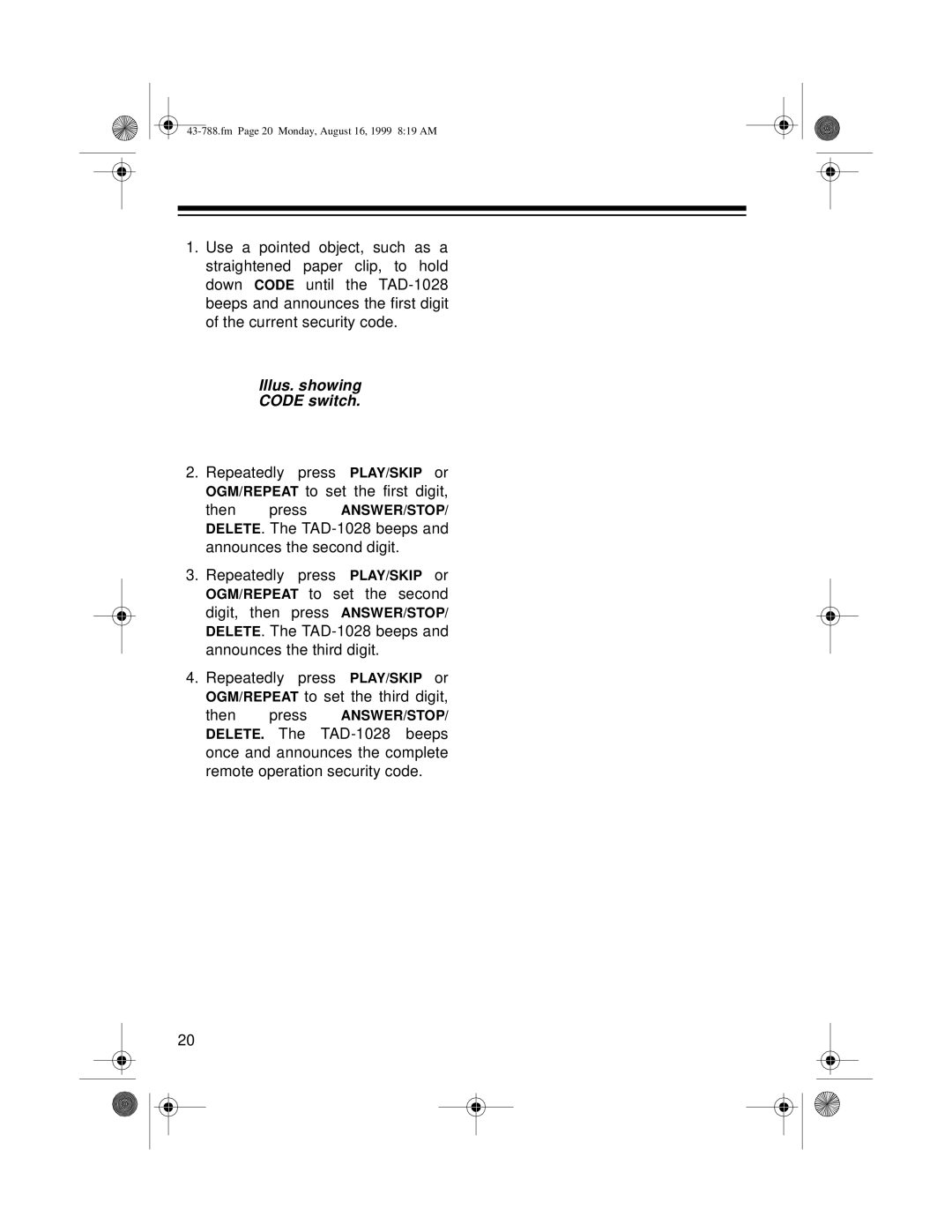 Radio Shack TAD-1028 owner manual Illus. showing Code switch 