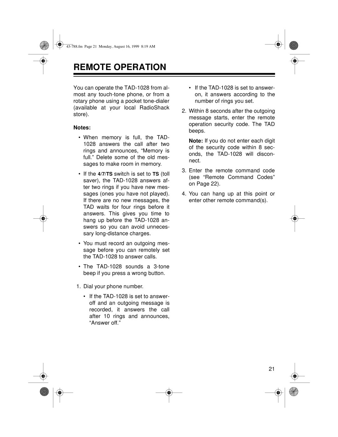 Radio Shack TAD-1028 owner manual Remote Operation 