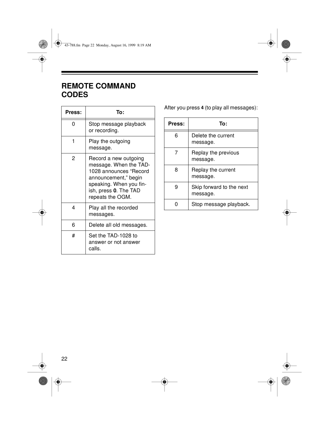 Radio Shack TAD-1028 owner manual Remote Command Codes, Press 