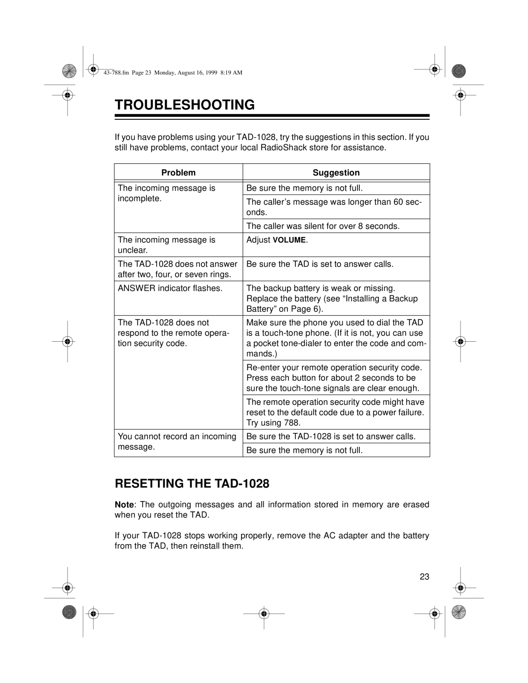 Radio Shack owner manual Troubleshooting, Resetting the TAD-1028 