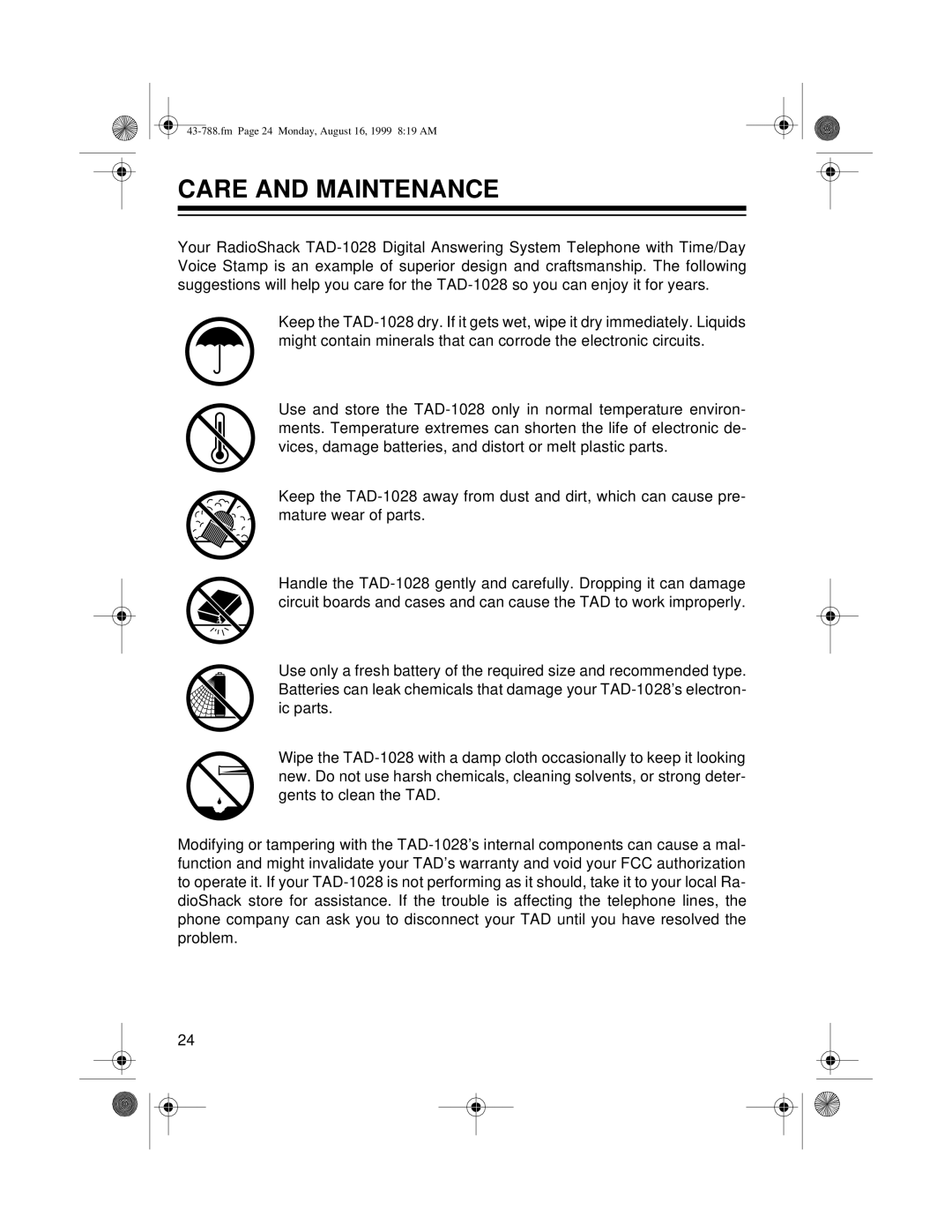 Radio Shack TAD-1028 owner manual Care and Maintenance 