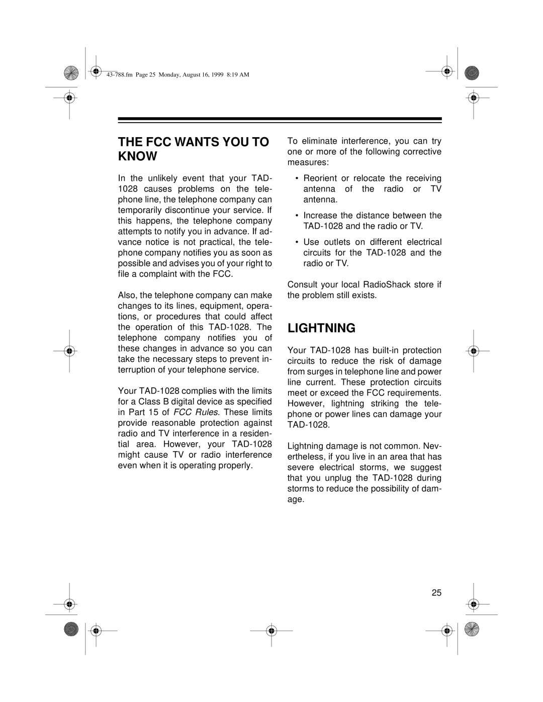 Radio Shack TAD-1028 owner manual FCC Wants YOU to Know, Lightning 