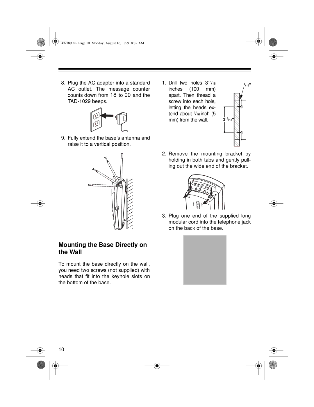 Radio Shack TAD-1029 owner manual Mounting the Base Directly on the Wall 