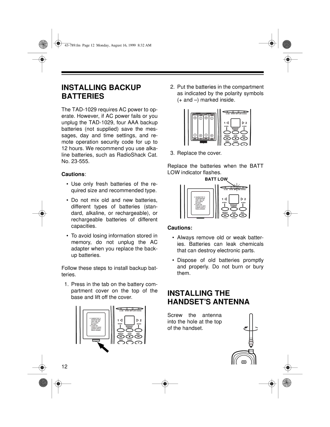 Radio Shack TAD-1029 owner manual Installing Backup Batteries, Installing the HANDSET’S Antenna 